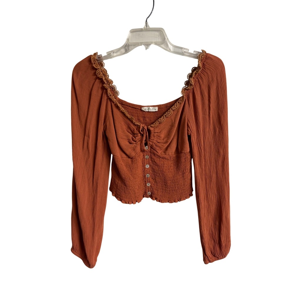 ILLA ILLA Women Terracotta Smocked Crop Top Long Sleeve Lace Trim Boho Small